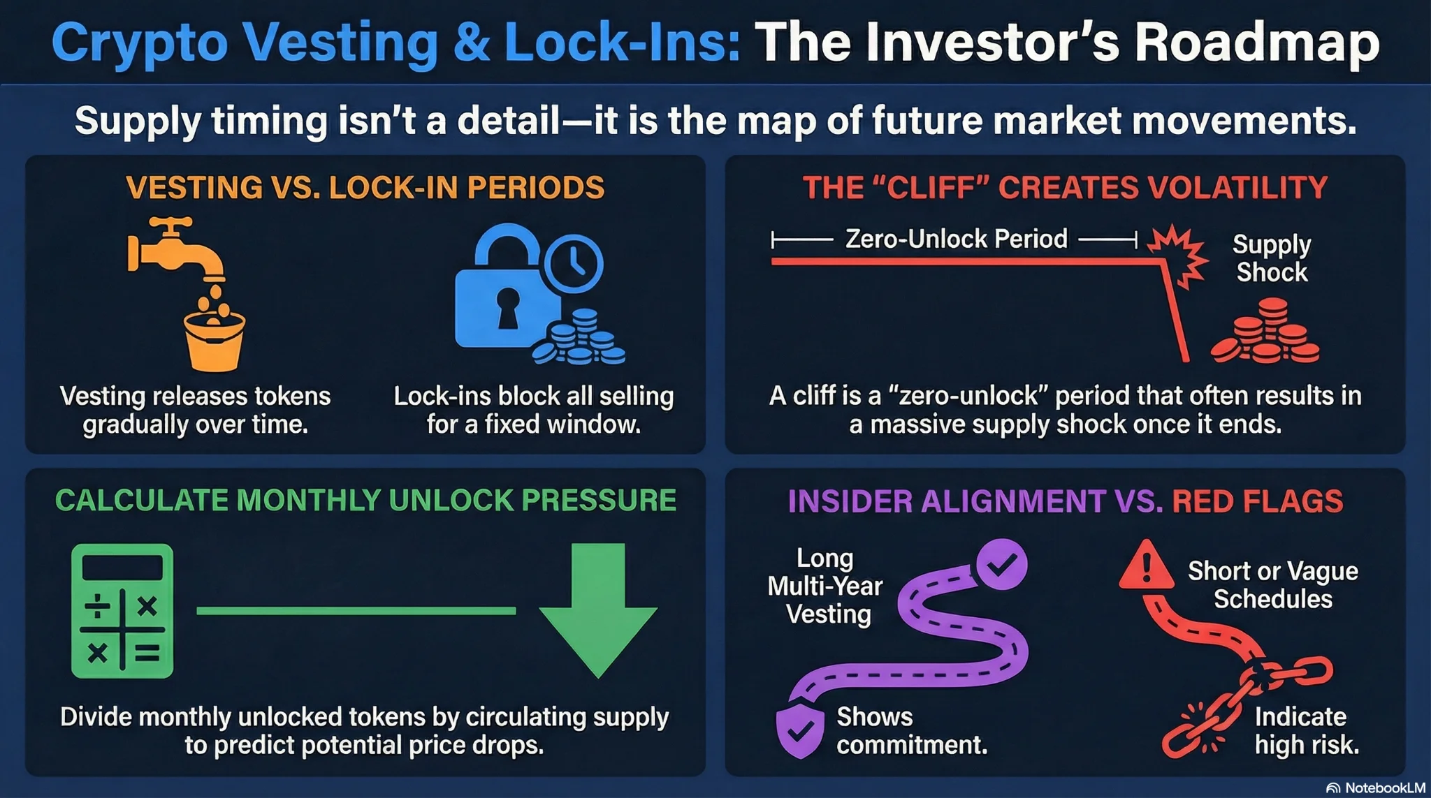 Crypto Vesting and Lock-Ins: The Investor's Roadmap - comparing vesting vs lock-in periods, cliff volatility, monthly unlock pressure, and insider alignment signals